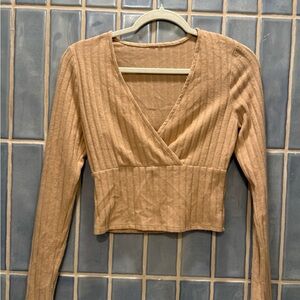 Source Unknown Tan Ribbed V-Neck Cropped Long Sleeve Top